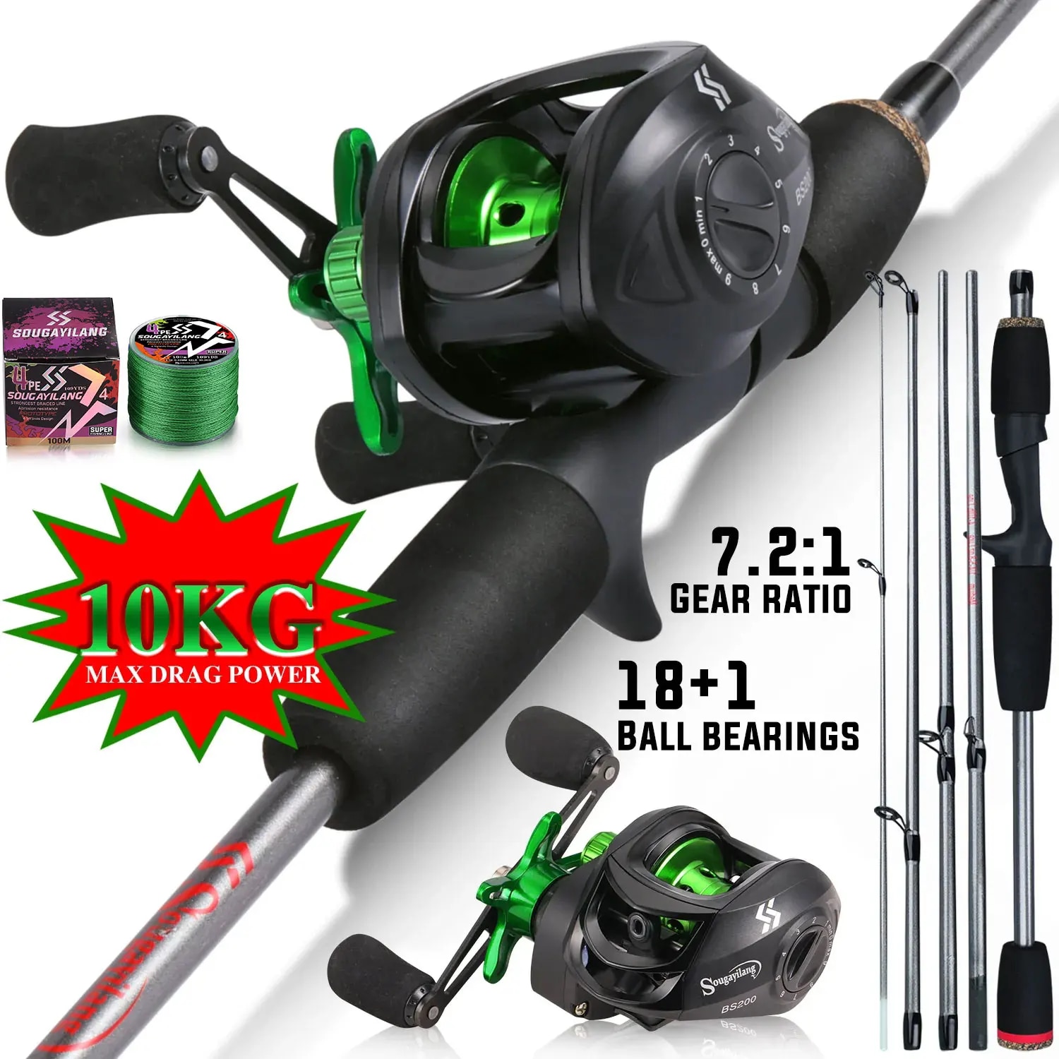 Baitcasting Reel - Sougayilang Fishing Rod Combo 1.7m Carbon